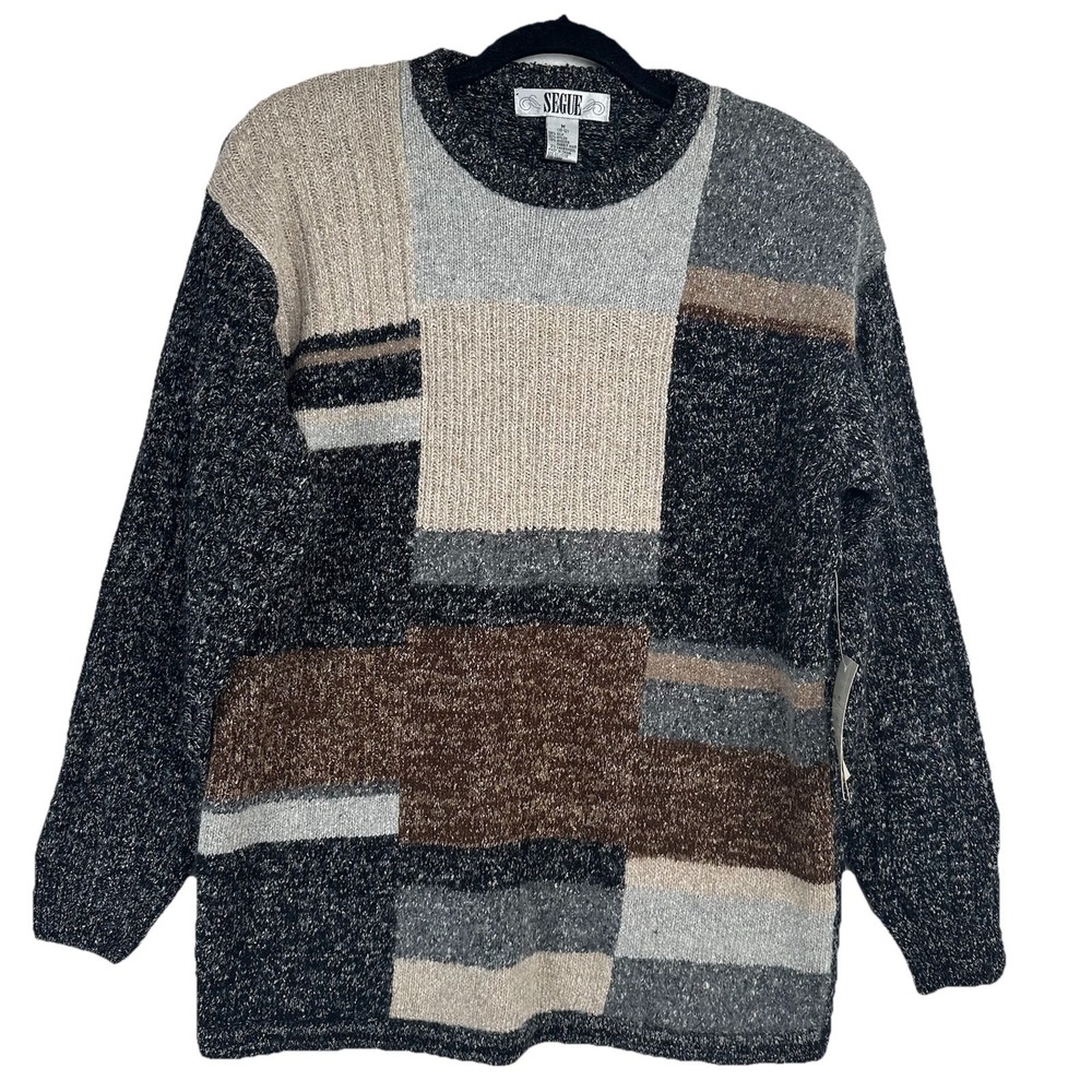 Vintage Women's Sweater Gray Size‎ Medium Patchwork Silk Angora Grandma Grunge